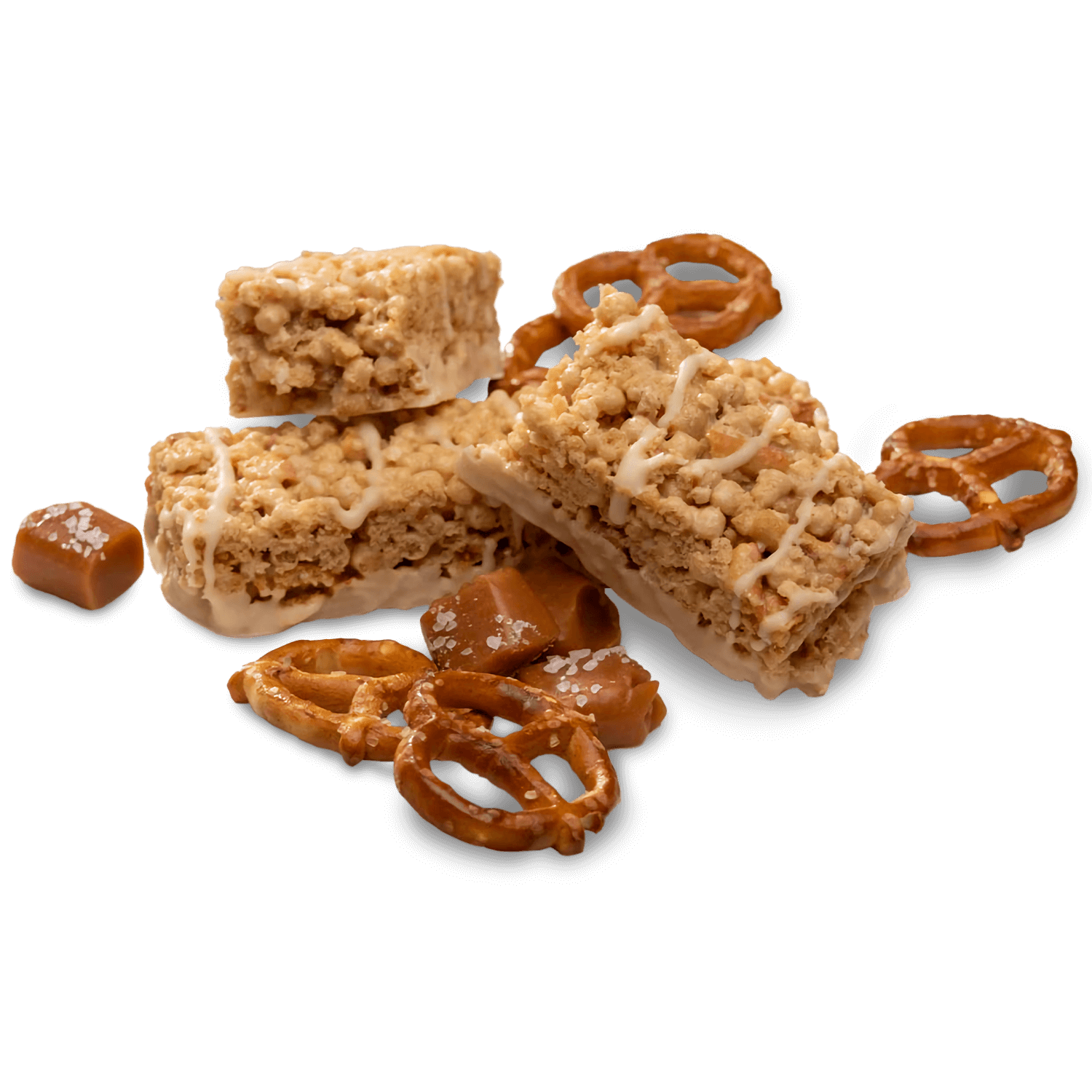 Delicious protein bars with crunchy pretzels and caramel pieces, offering a tasty and nutritious snack option.